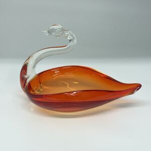 Vtg Duncan & Miller Pall Mall Red Orange Art Glass Swan Bowl Clear Neck 7”